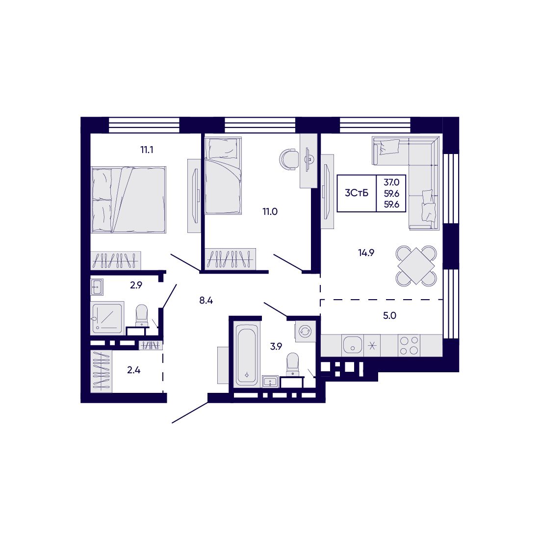 3-комнатная, 59.6 м², № 392 в Citatum (Цитатум)