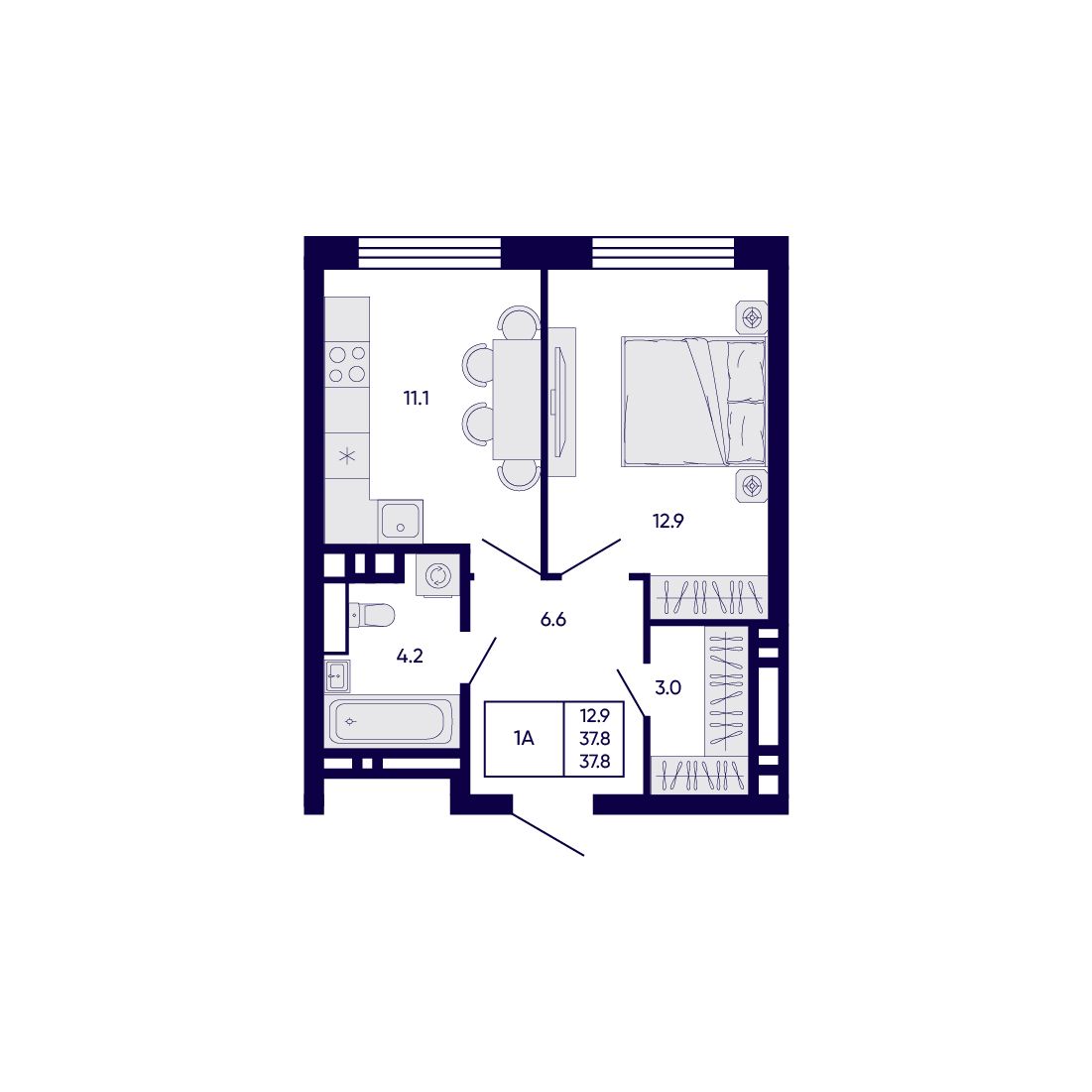 1-комнатная, 37.8 м², № 75 в Citatum (Цитатум)