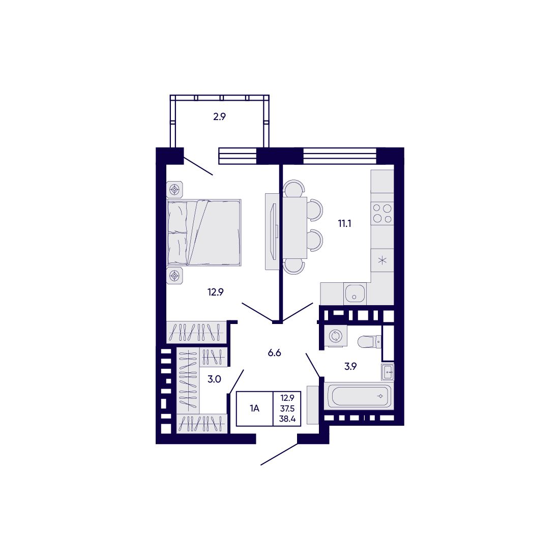 1-комнатная, 38.4 м², № 382 в Citatum (Цитатум)