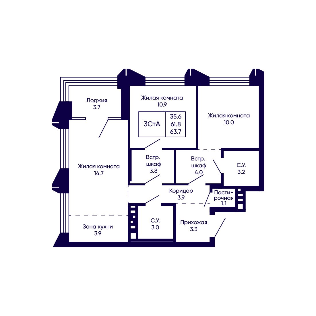 3-комнатная, 63.7 м², № 216 в Citatum (Цитатум)
