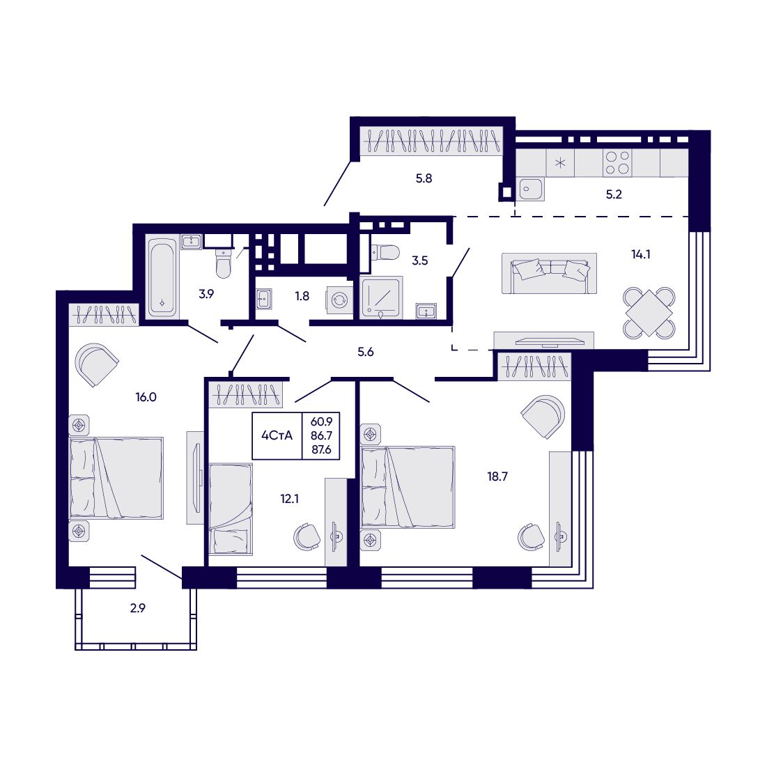 4-комнатная, 87.6 м², № 34 в Citatum (Цитатум)