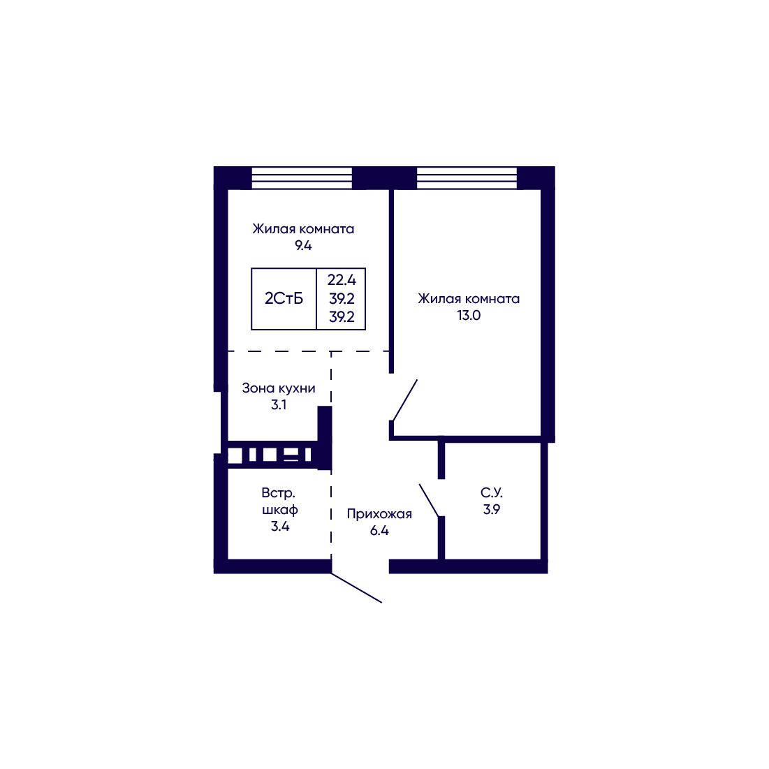 2-комнатная, 39.2 м², № 372 в Citatum (Цитатум)