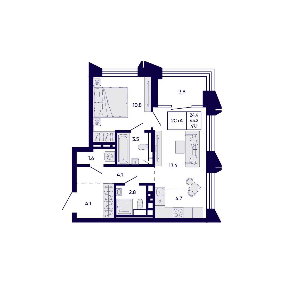 2-комнатная, 47.1 м², № 232 в Citatum (Цитатум)