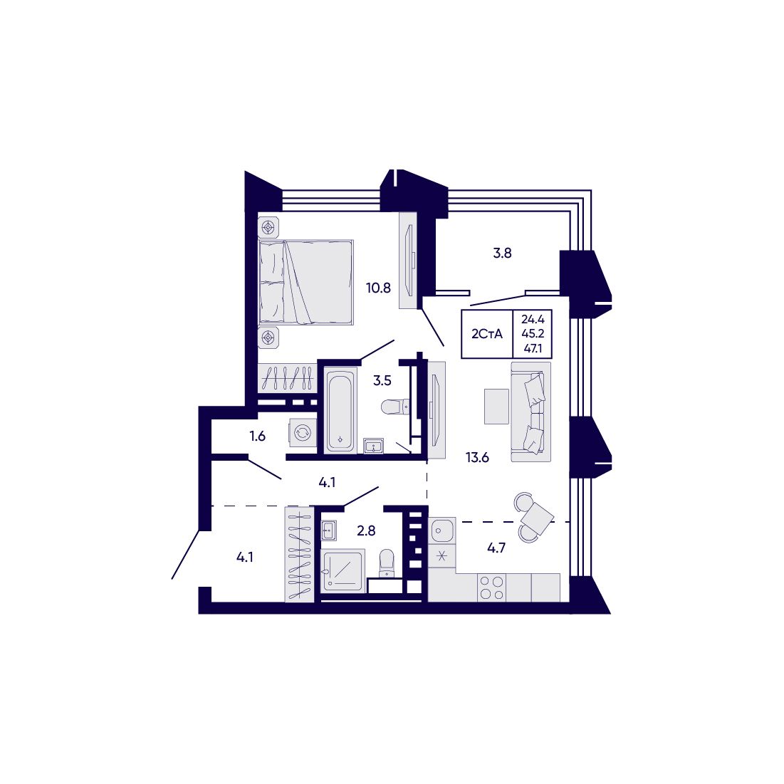 2-комнатная, 47.1 м², № 204 в Citatum (Цитатум)
