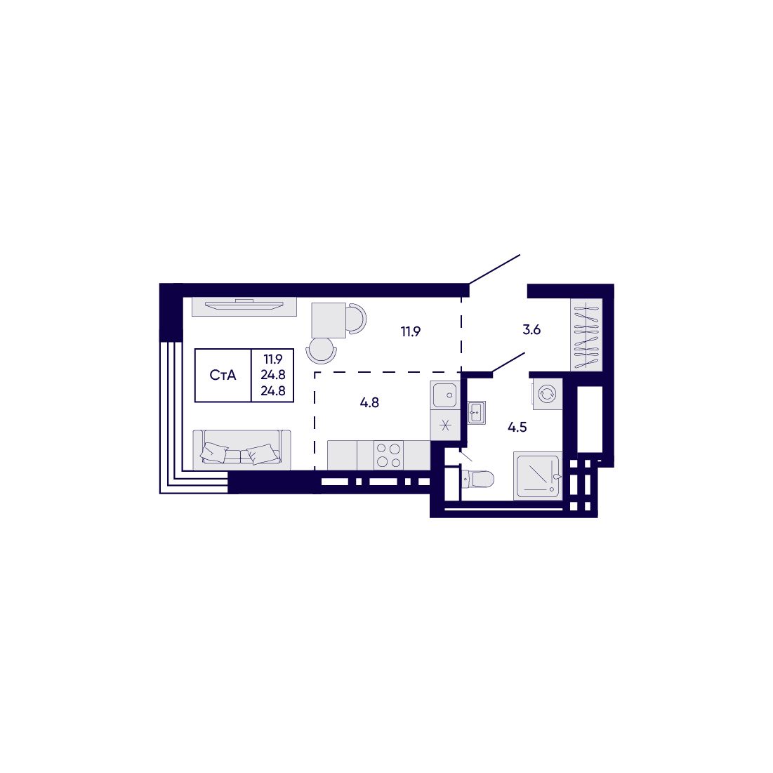 Студия, 24.8 м², № 145 в Citatum (Цитатум)