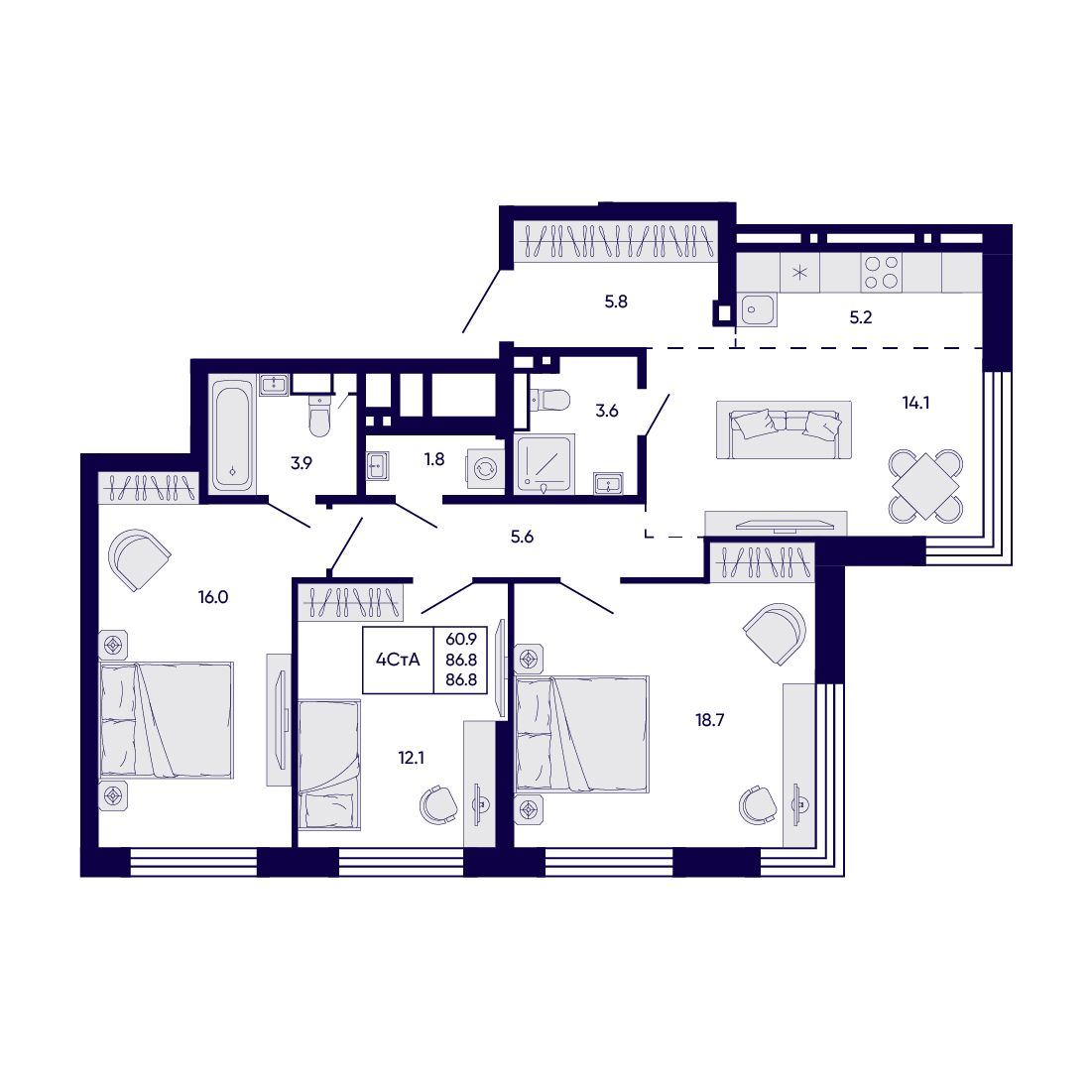 4-комнатная, 86.8 м², № 7 в Citatum (Цитатум)