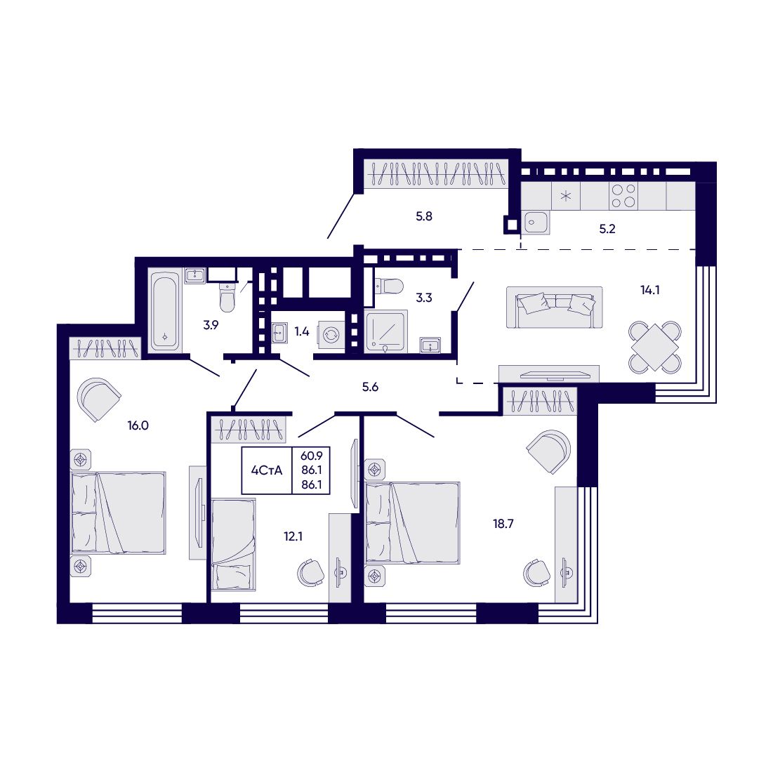 4-комнатная, 86.1 м², № 115 в Citatum (Цитатум)