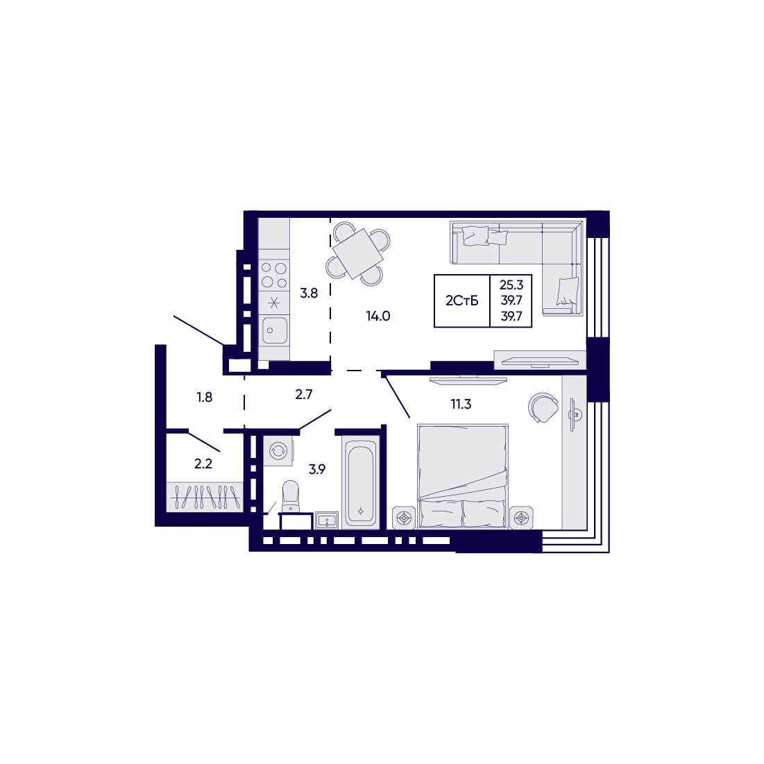 2-комнатная, 39.7 м², № 186 в Citatum (Цитатум)