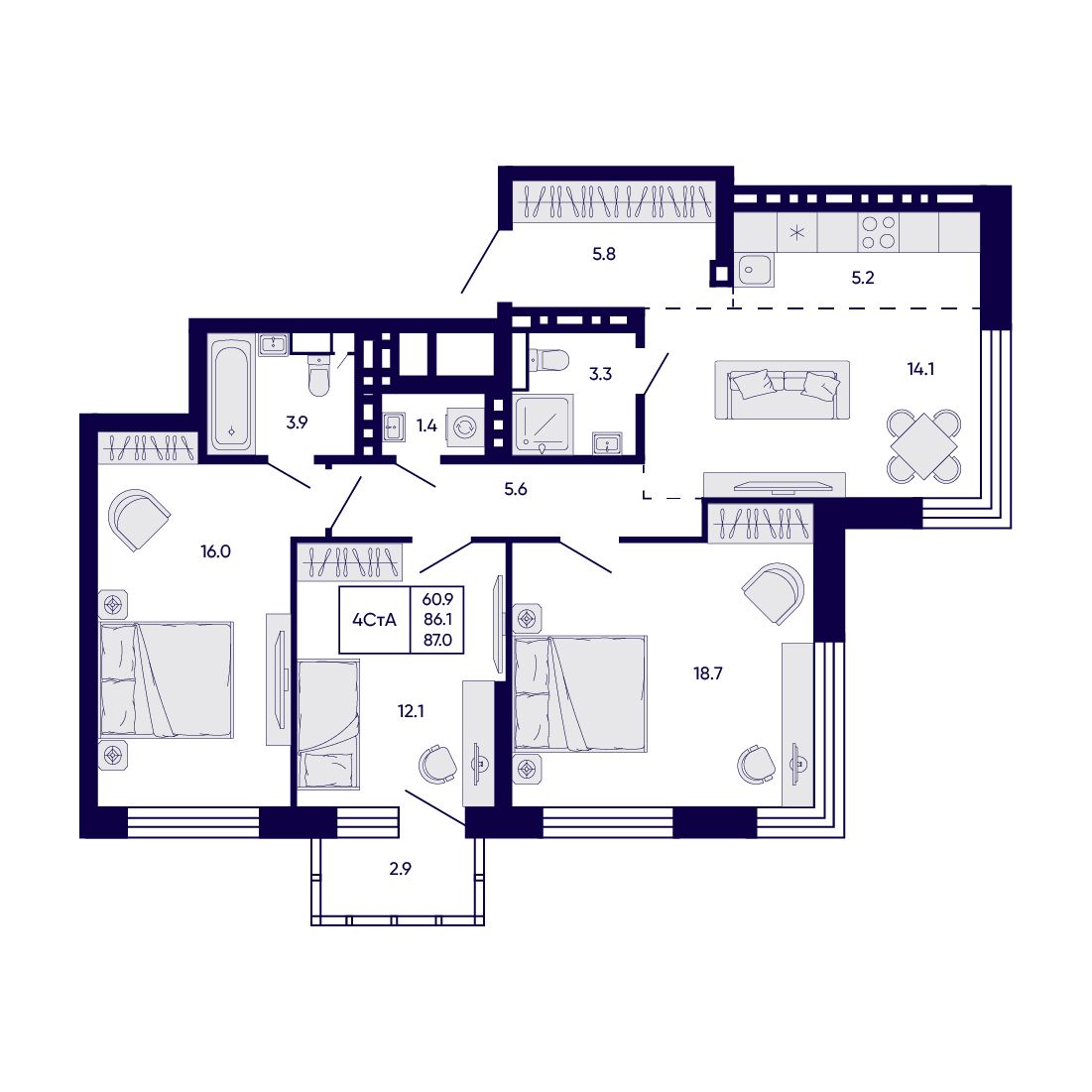 4-комнатная, 87 м², № 142 в Citatum (Цитатум)