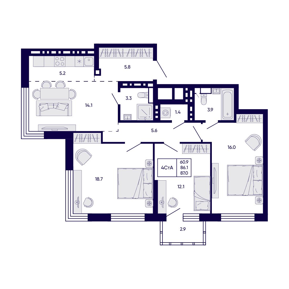 4-комнатная, 87 м², № 378 в Citatum (Цитатум)