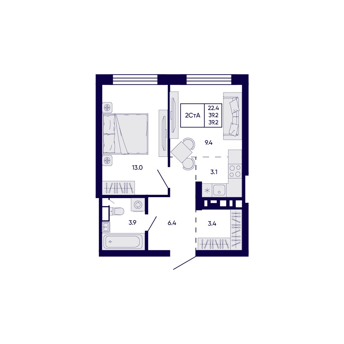 2-комнатная, 39.2 м², № 112 в Citatum (Цитатум)
