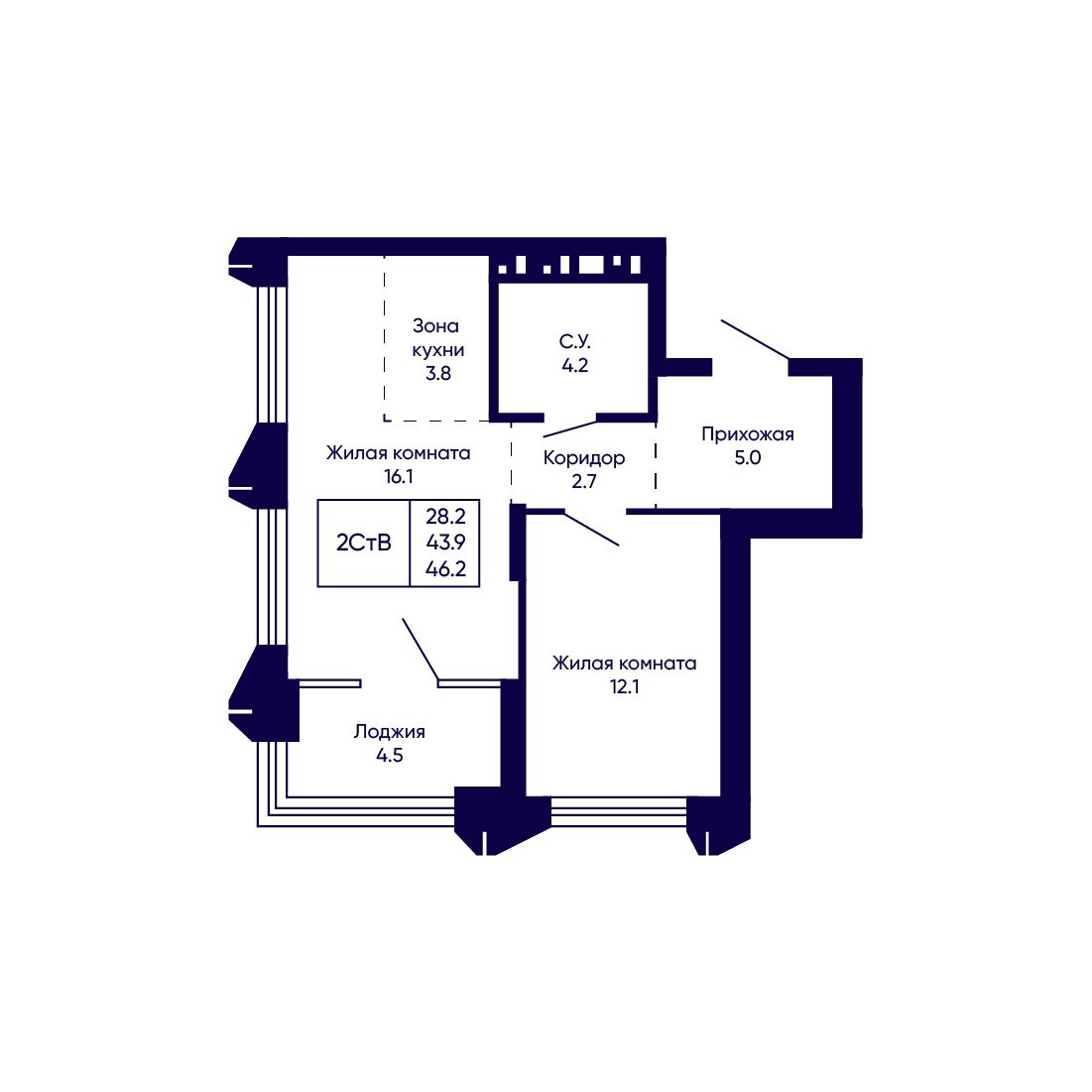 2-комнатная, 46.2 м², № 221 в Citatum (Цитатум)