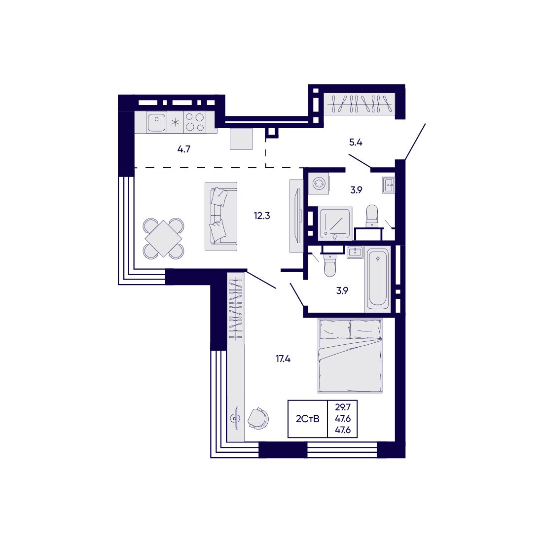 2-комнатная, 47.6 м², № 81 в Citatum (Цитатум)