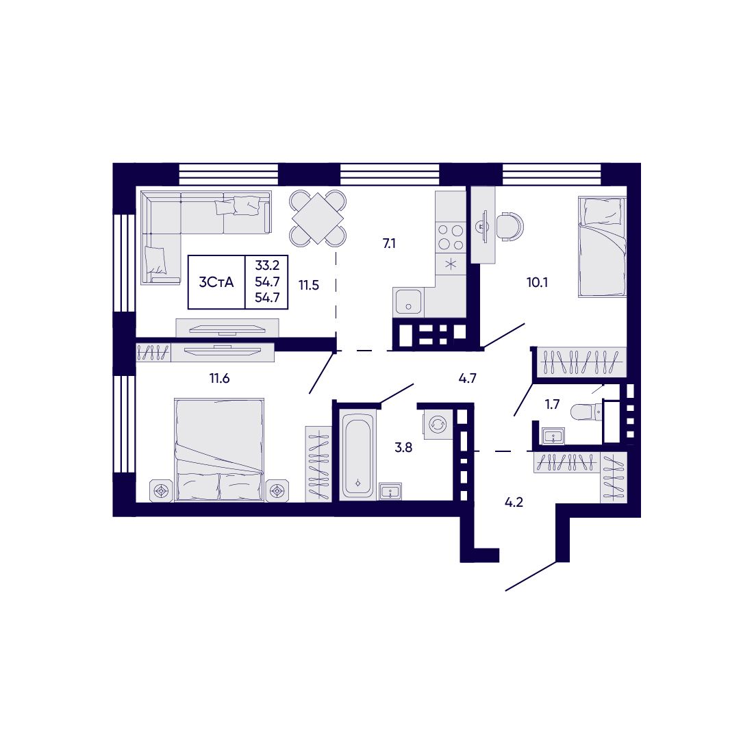 3-комнатная, 54.7 м², № 353 в Citatum (Цитатум)