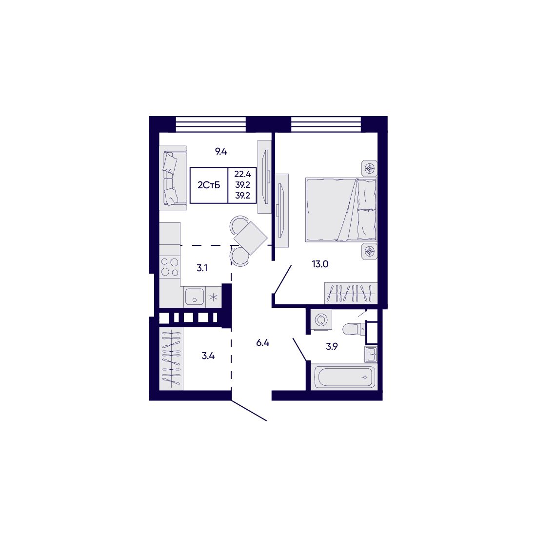 2-комнатная, 39.2 м², № 390 в Citatum (Цитатум)