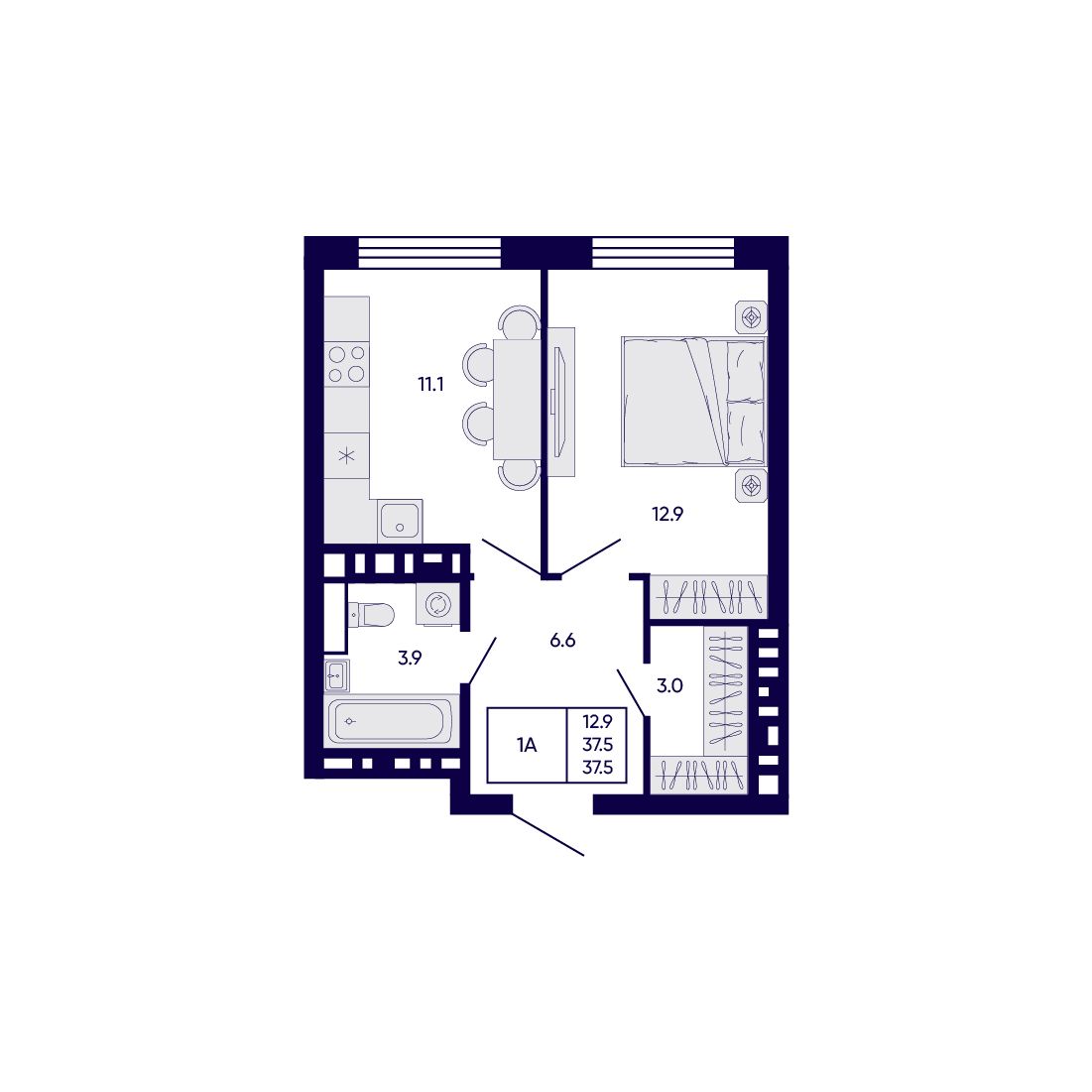 1-комнатная, 37.5 м², № 111 в Citatum (Цитатум)