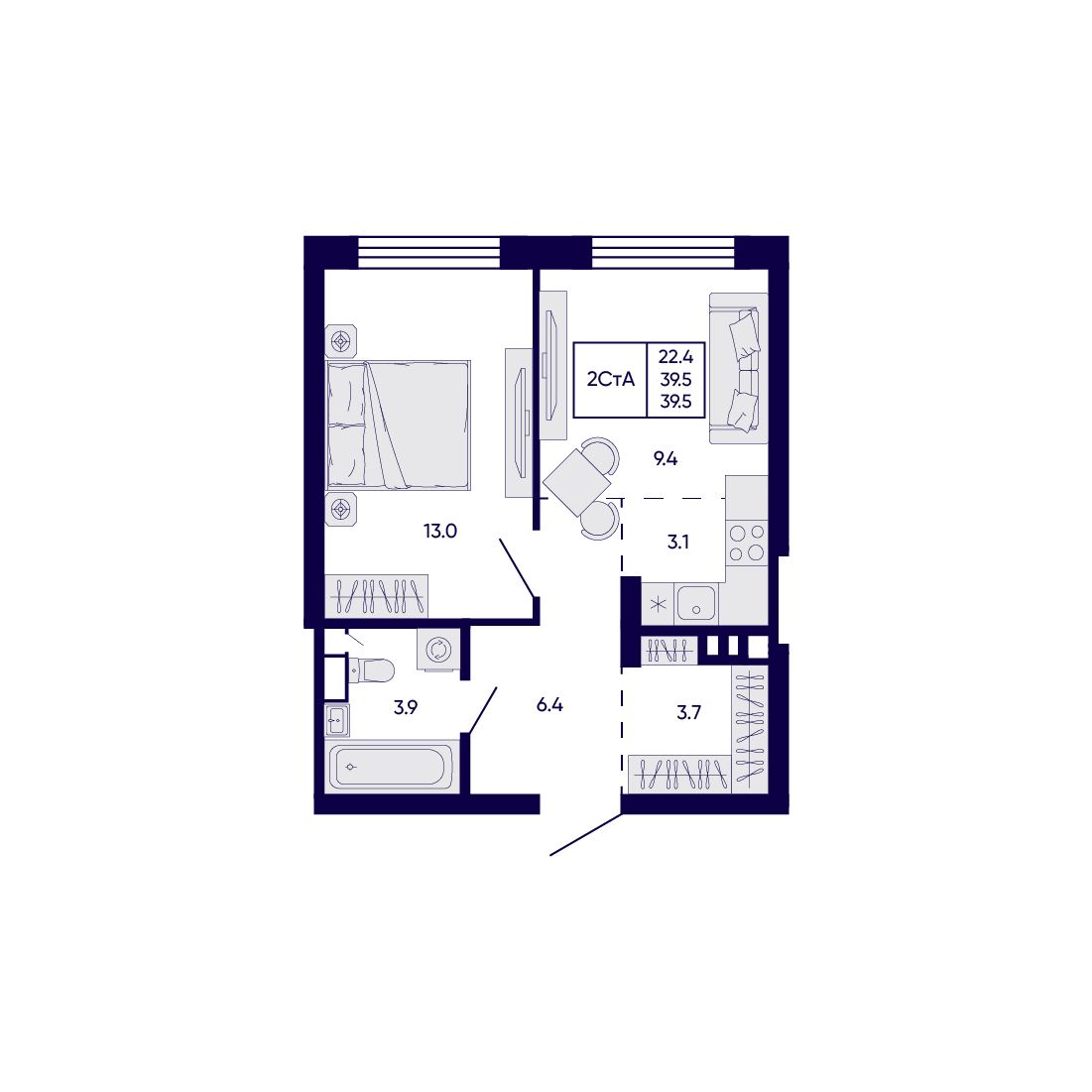 2-комнатная, 39.5 м², № 40 в Citatum (Цитатум)