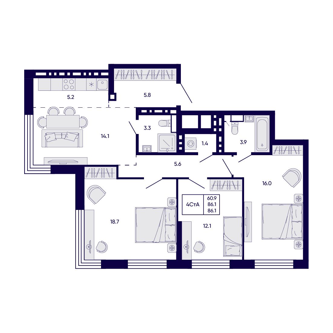 4-комнатная, 86.1 м², № 360 в Citatum (Цитатум)