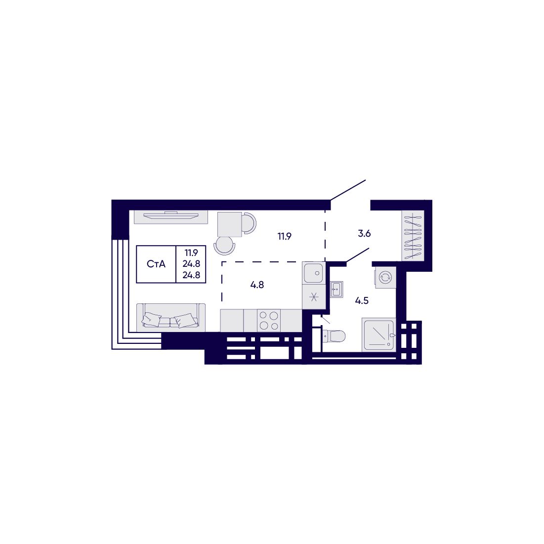 Студия, 24.8 м², № 163 в Citatum (Цитатум)