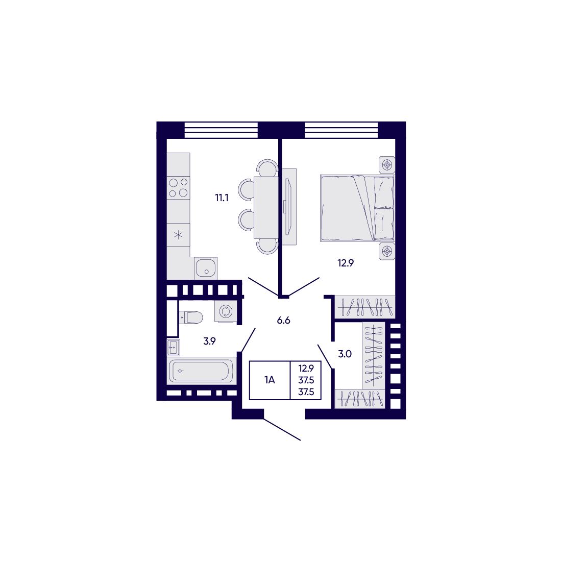 1-комнатная, 37.5 м², № 147 в Citatum (Цитатум)
