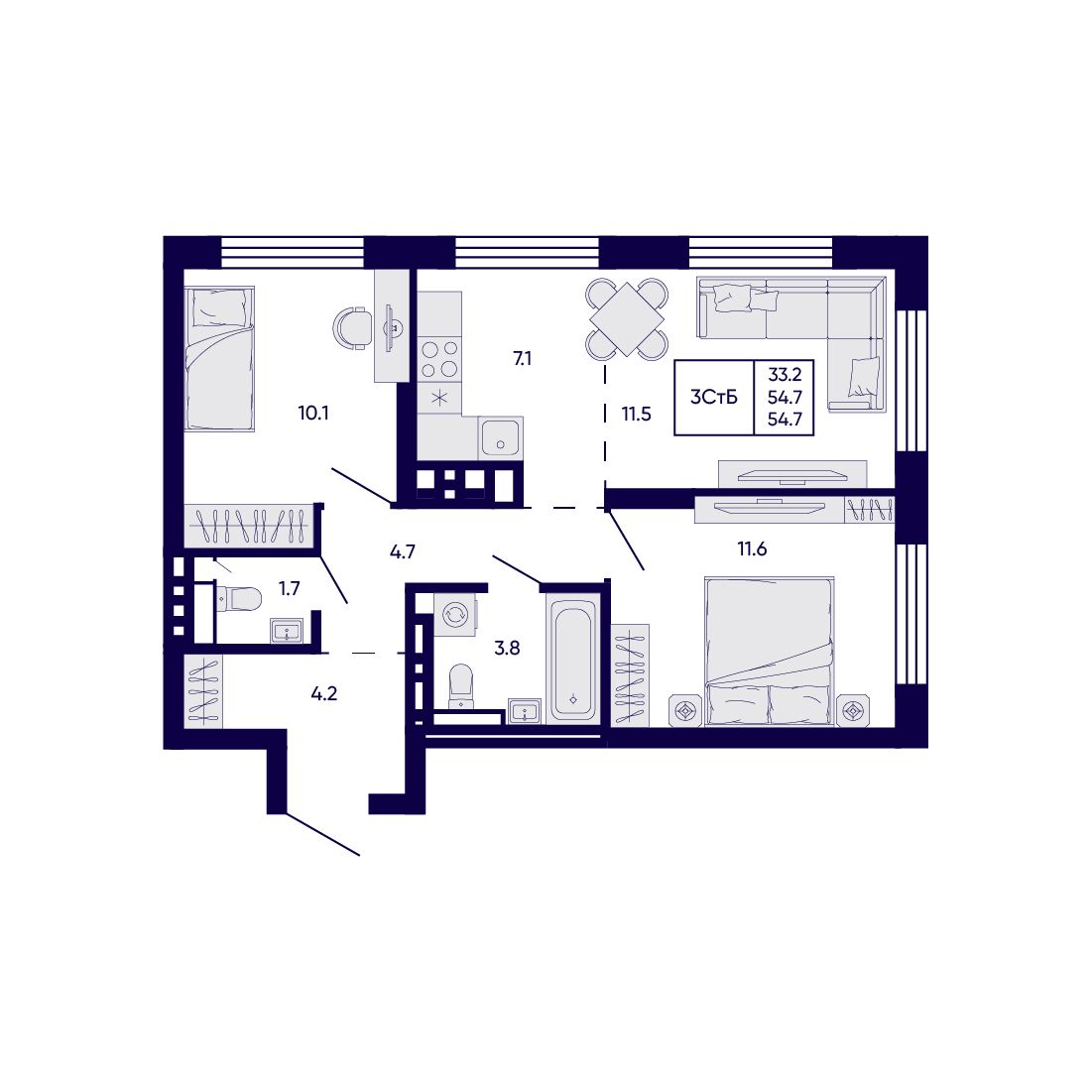 3-комнатная, 54.7 м², № 185 в Citatum (Цитатум)