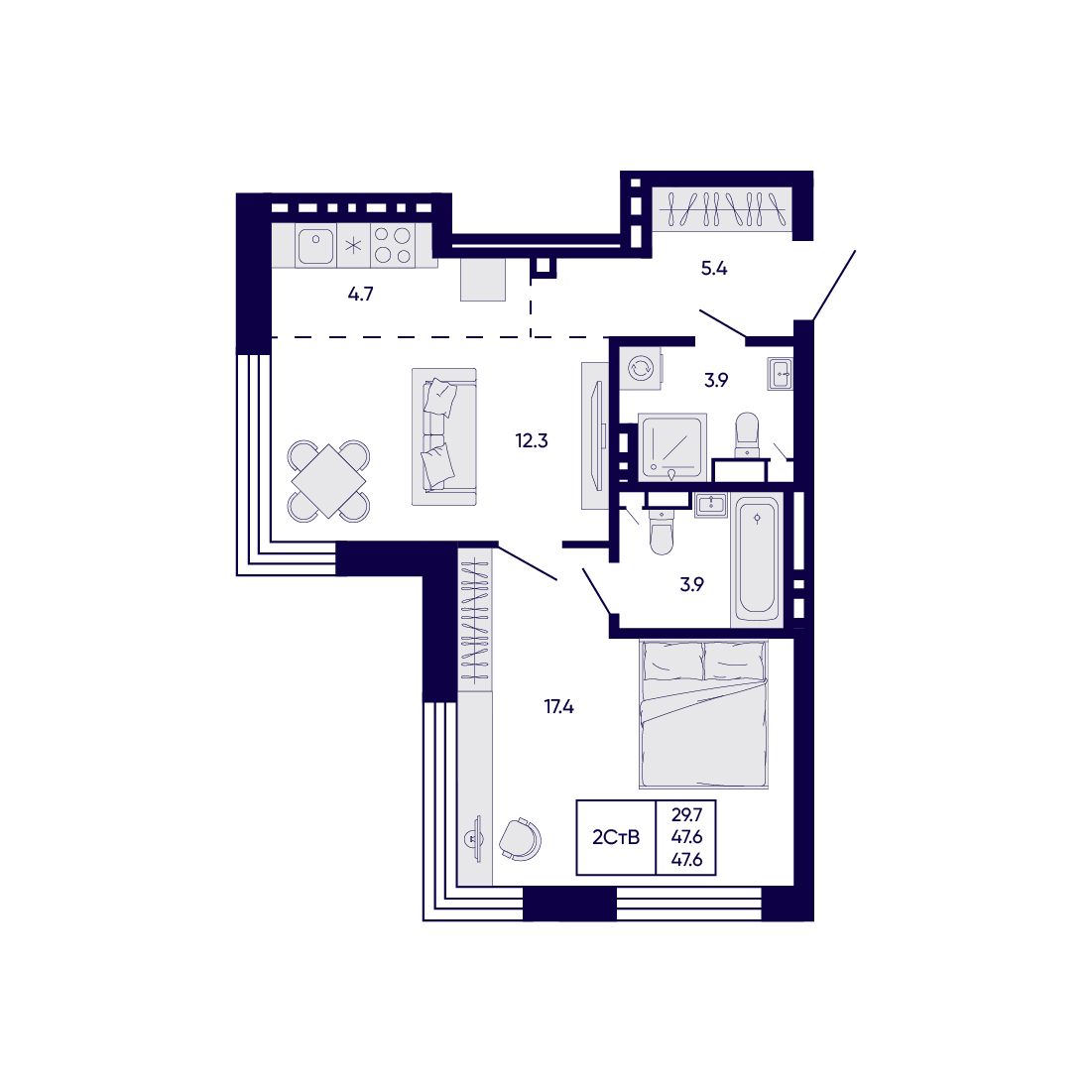 2-комнатная, 47.6 м², № 54 в Citatum (Цитатум)