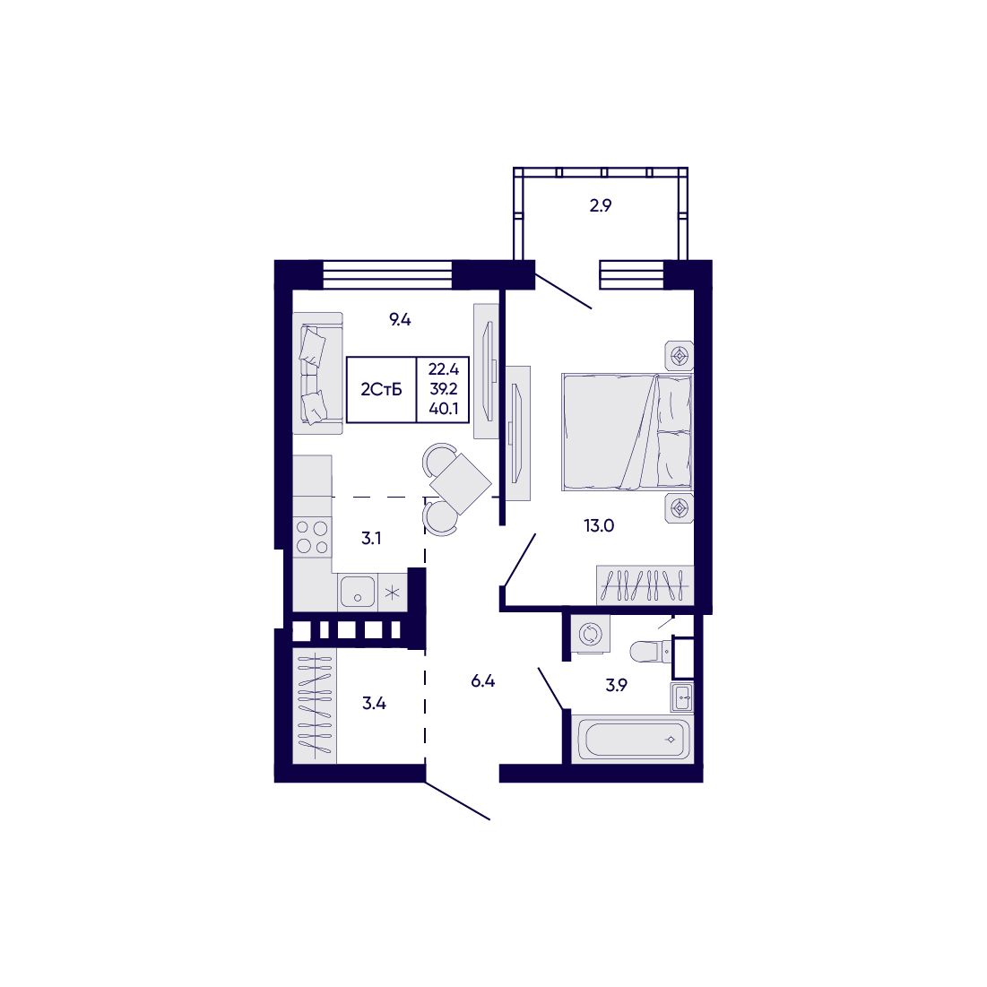 2-комнатная, 40.1 м², № 417 в Citatum (Цитатум)