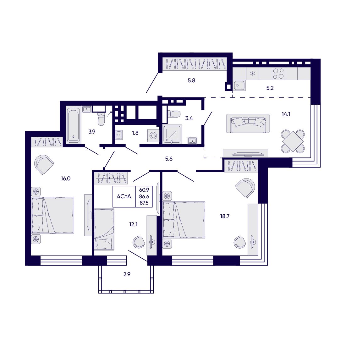 4-комнатная, 87.5 м², № 52 в Citatum (Цитатум)