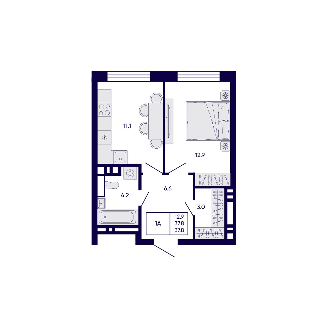 1-комнатная, 37.8 м², № 84 в Citatum (Цитатум)