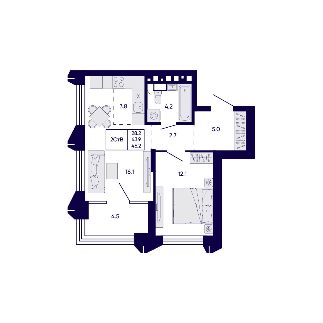 2-комнатная, 46.2 м², № 235 в Citatum (Цитатум)