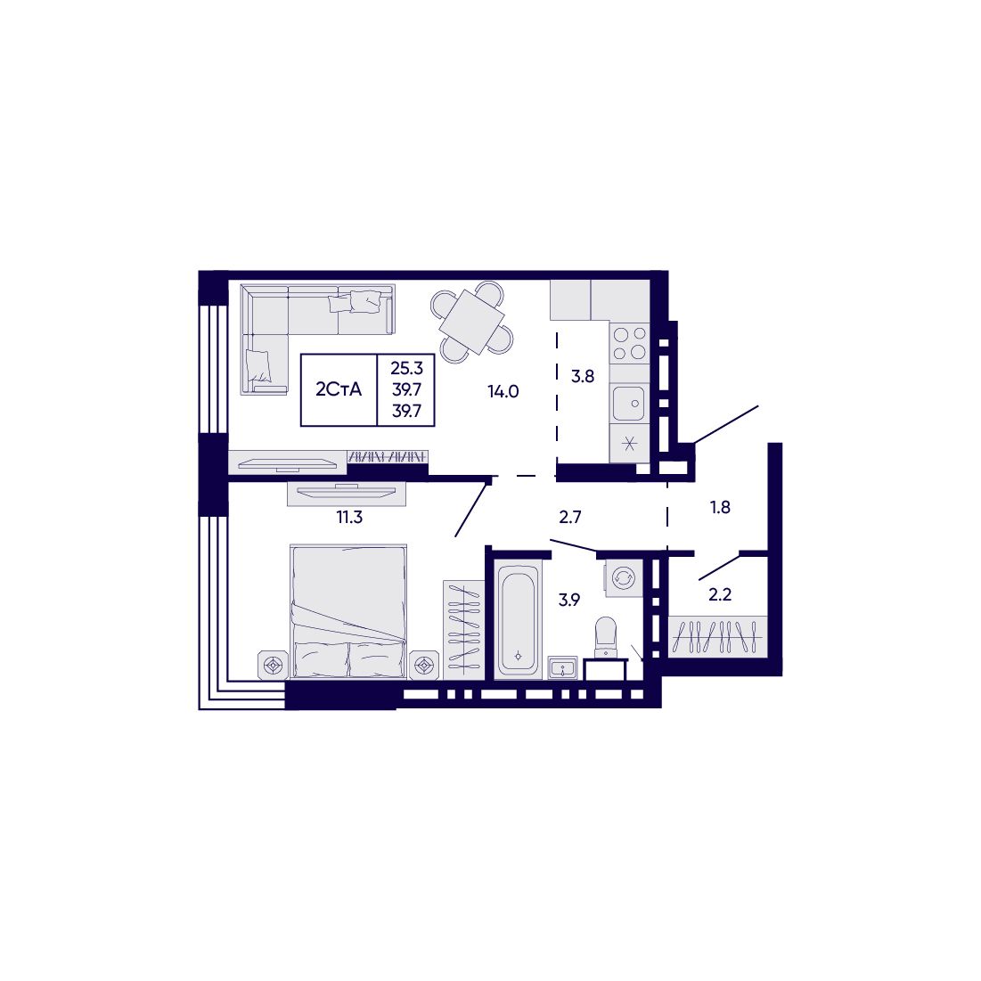 2-комнатная, 39.7 м², № 388 в Citatum (Цитатум)