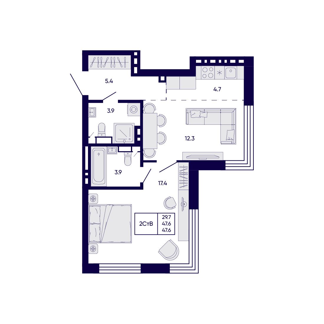 2-комнатная, 47.6 м², № 286 в Citatum (Цитатум)