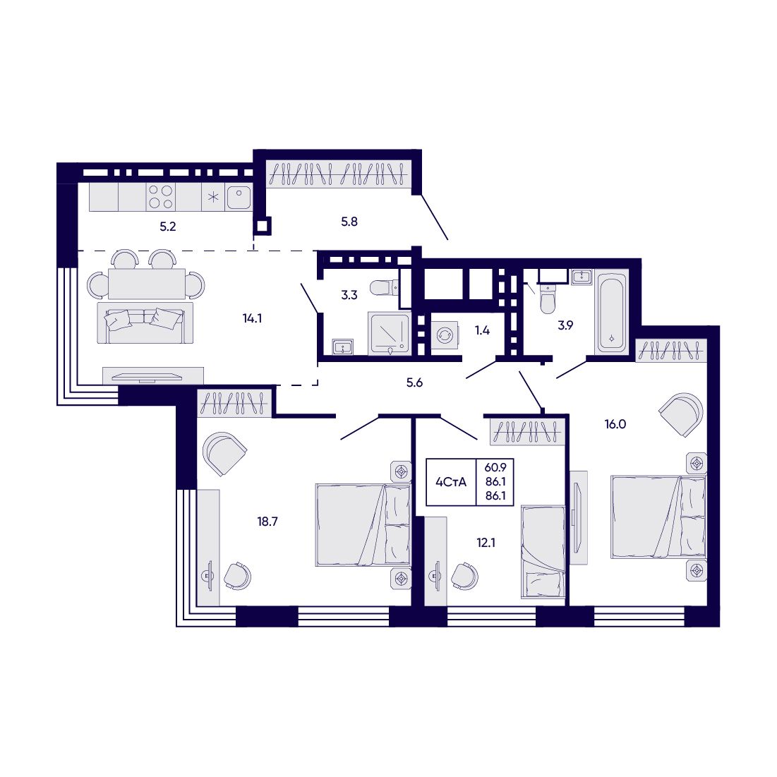 4-комнатная, 86.1 м², № 396 в Citatum (Цитатум)