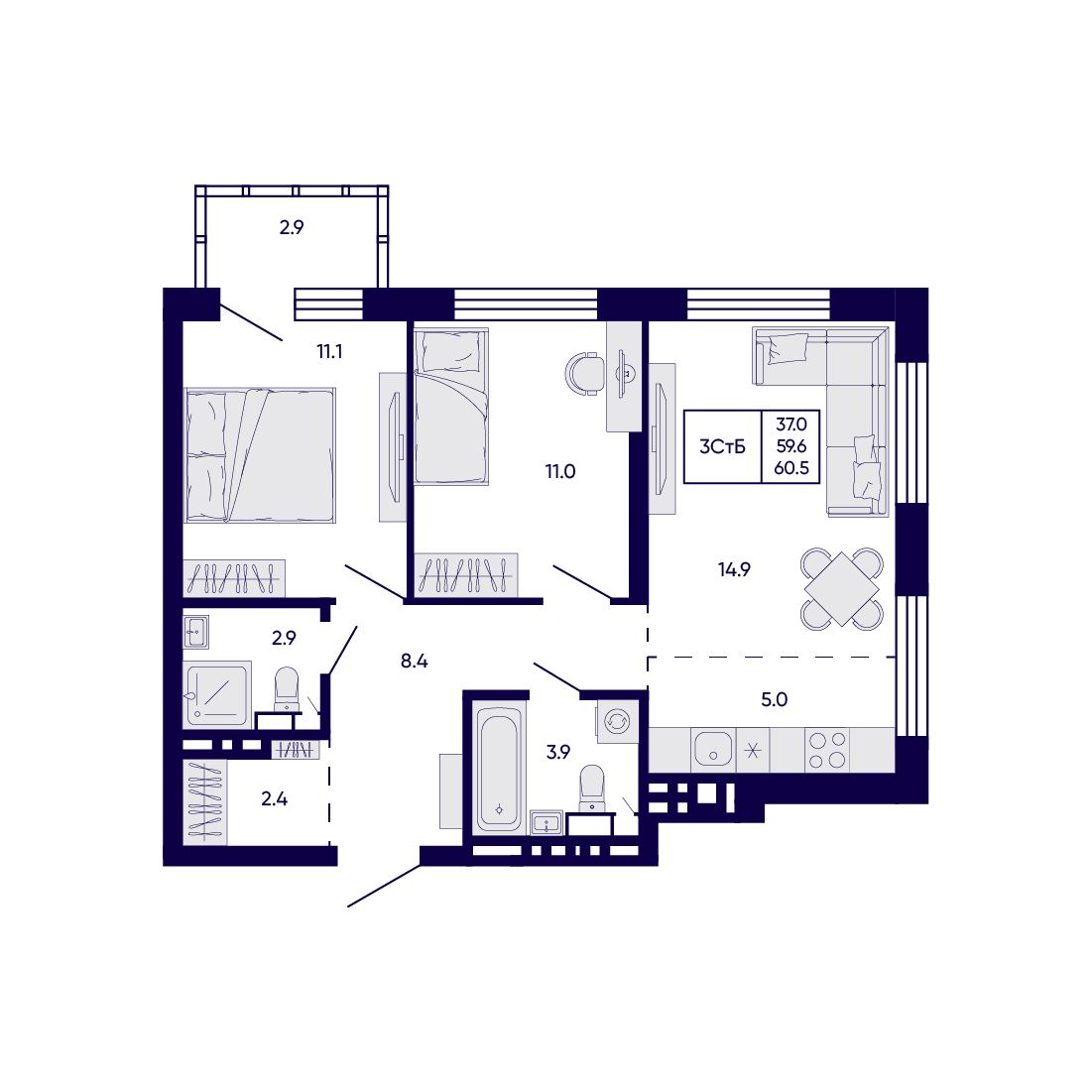 3-комнатная, 60.5 м², № 347 в Citatum (Цитатум)