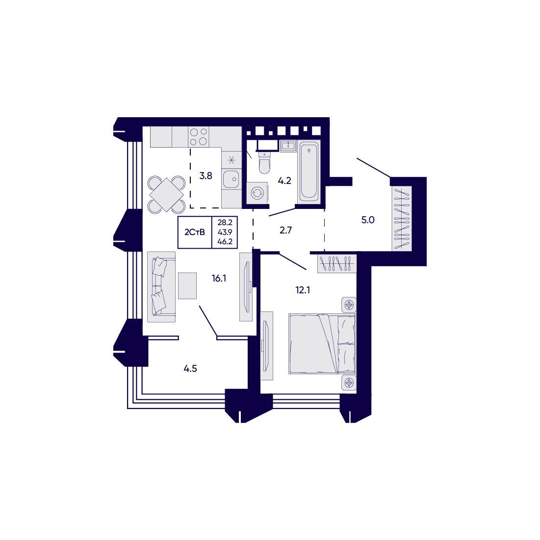 2-комнатная, 46.2 м², № 200 в Citatum (Цитатум)