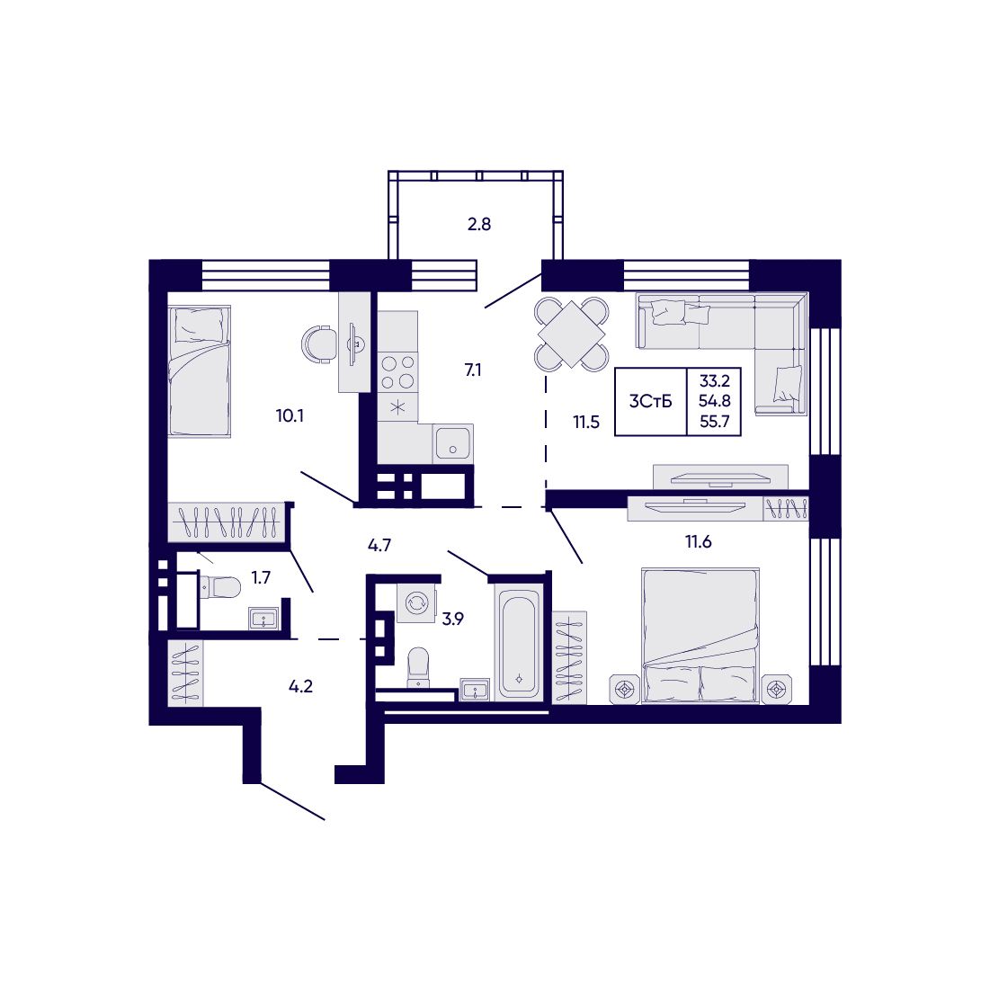 3-комнатная, 55.7 м², № 23 в Citatum (Цитатум)