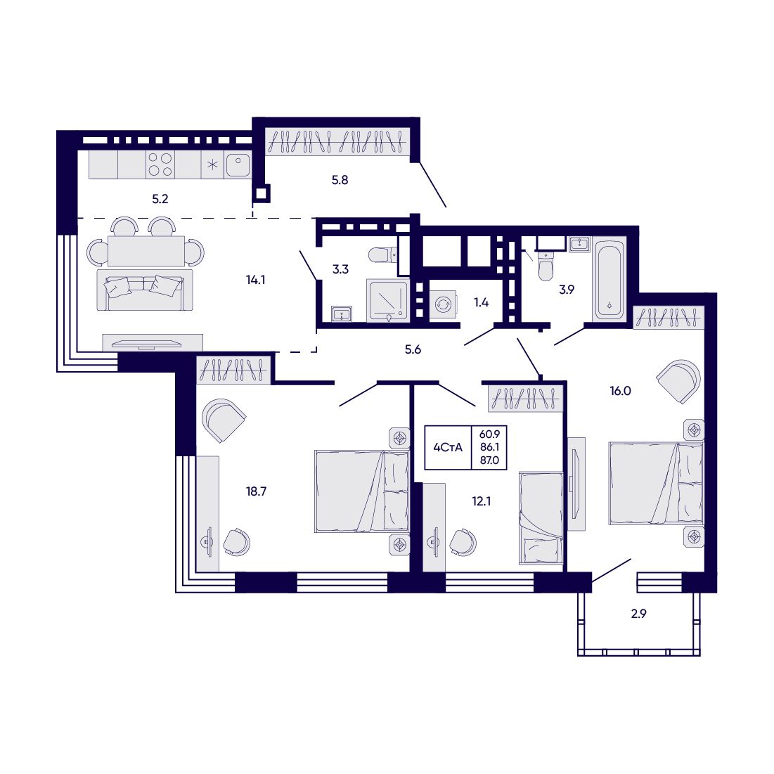 4-комнатная, 87 м², № 351 в Citatum (Цитатум)