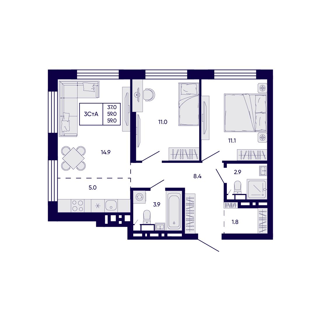 3-комнатная, 59 м², № 182 в Citatum (Цитатум)