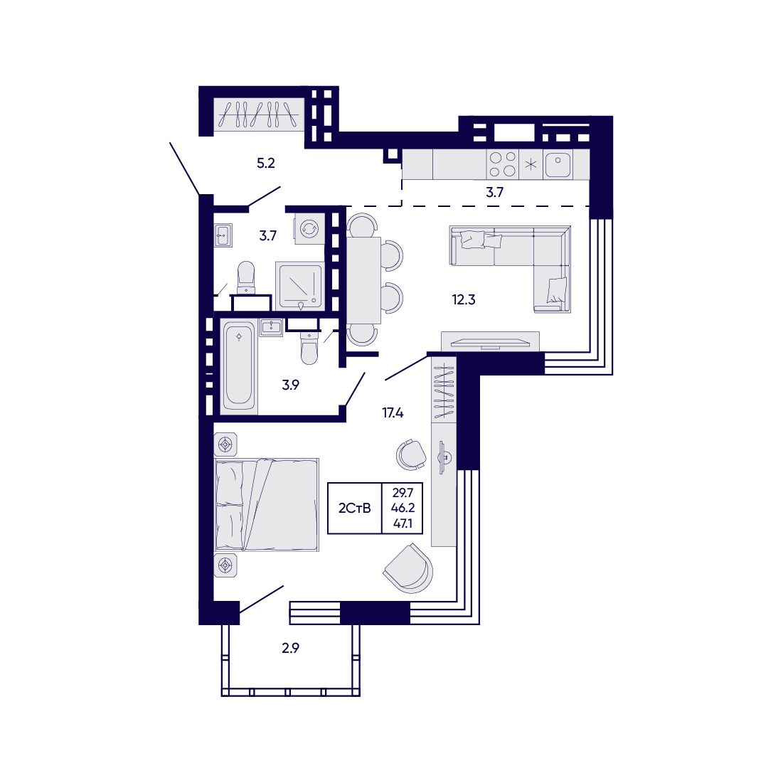 2-комнатная, 47.1 м², № 349 в Citatum (Цитатум)
