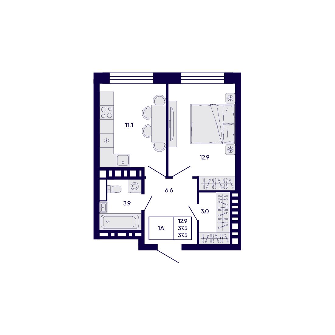 1-комнатная, 37.5 м², № 174 в Citatum (Цитатум)