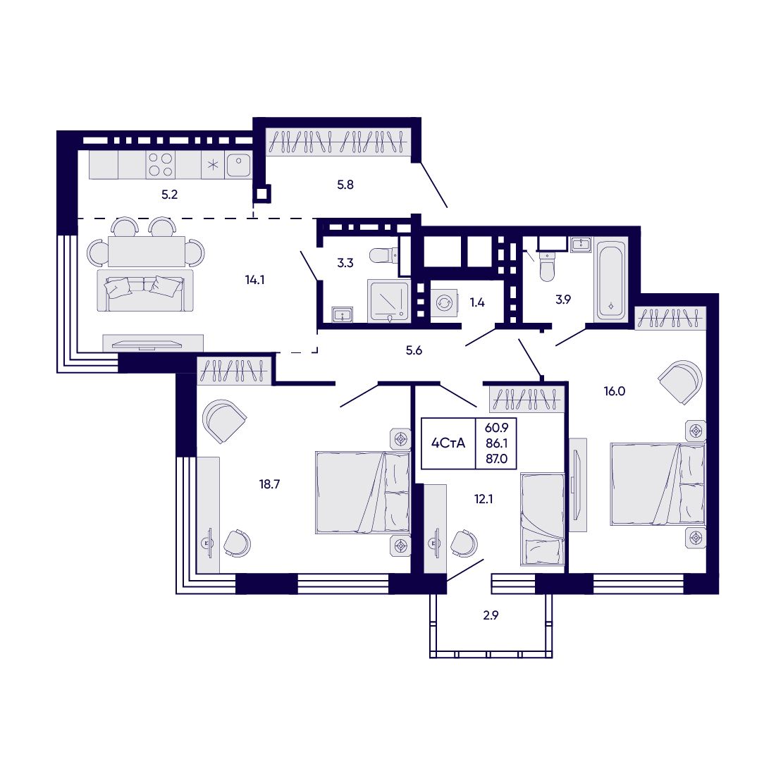 4-комнатная, 87 м², № 387 в Citatum (Цитатум)