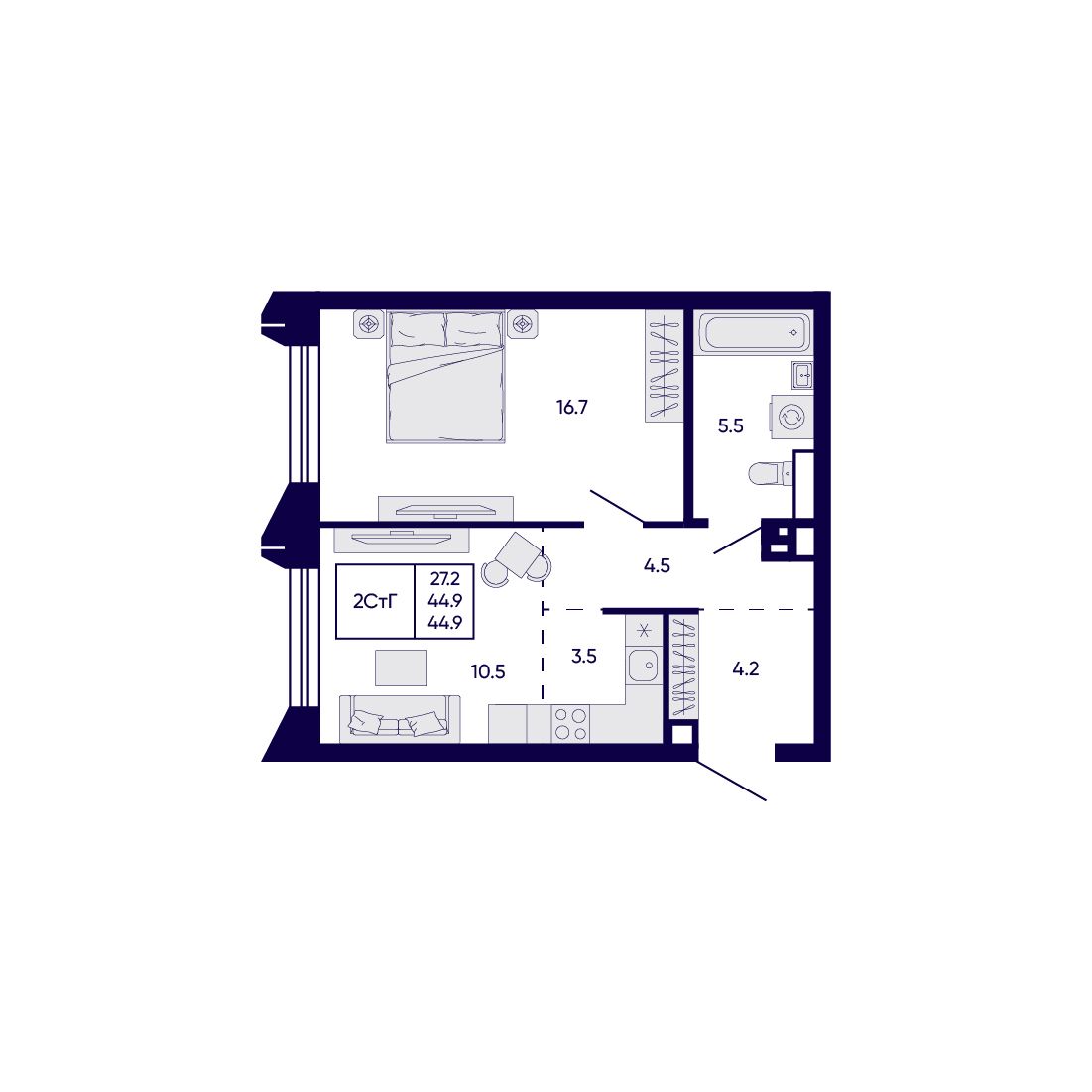 2-комнатная, 44.9 м², № 208 в Citatum (Цитатум)