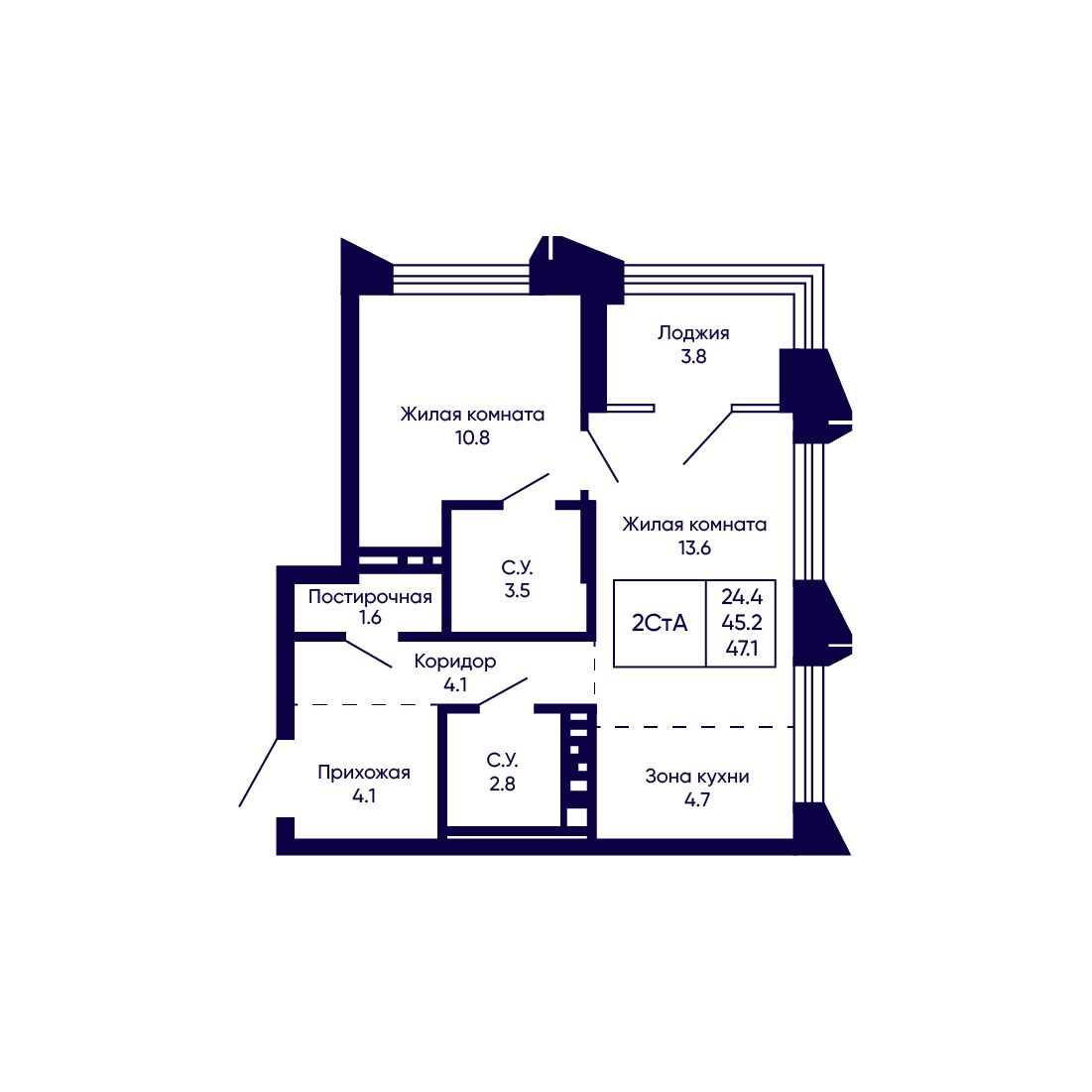 2-комнатная, 47.1 м², № 218 в Citatum (Цитатум)