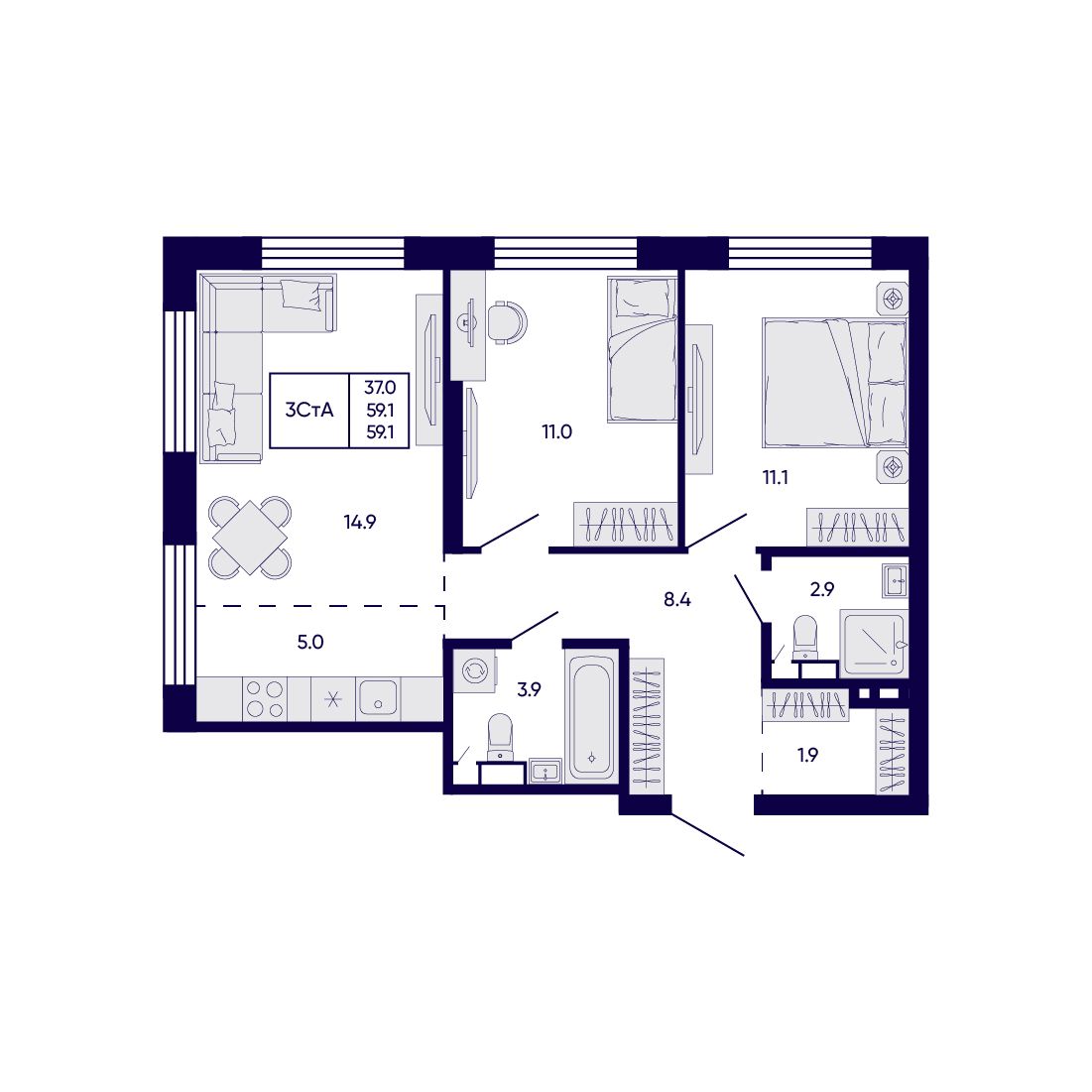3-комнатная, 59.1 м², № 38 в Citatum (Цитатум)