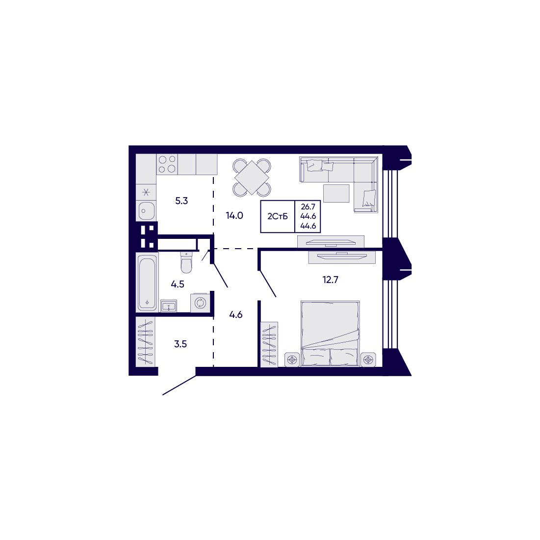 2-комнатная, 44.6 м², № 205 в Citatum (Цитатум)