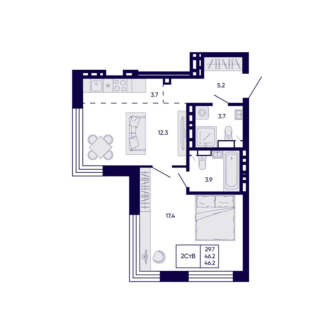 2-комнатная, 46.2 м², № 144 в Citatum (Цитатум)