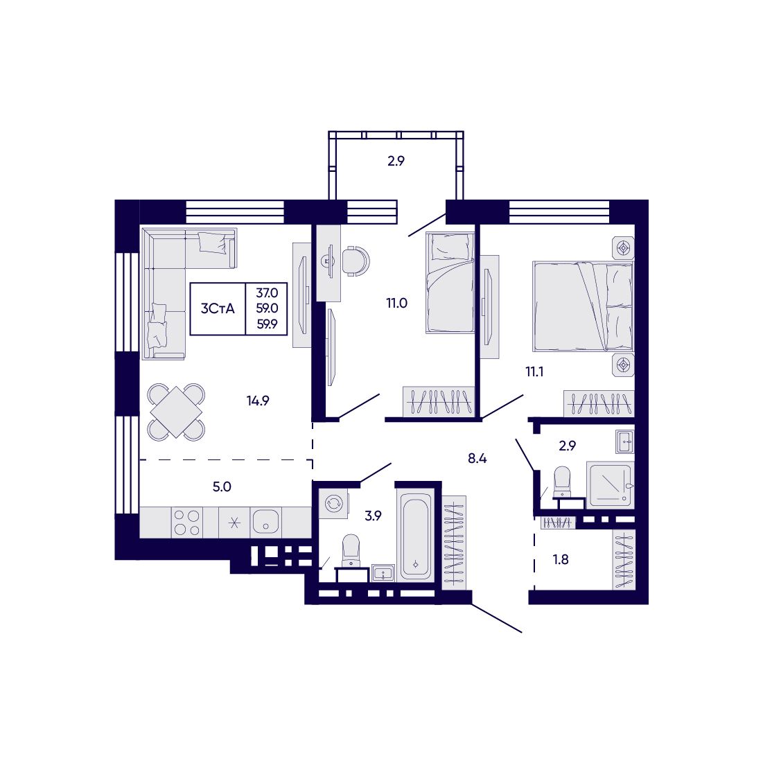3-комнатная, 59.9 м², № 137 в Citatum (Цитатум)