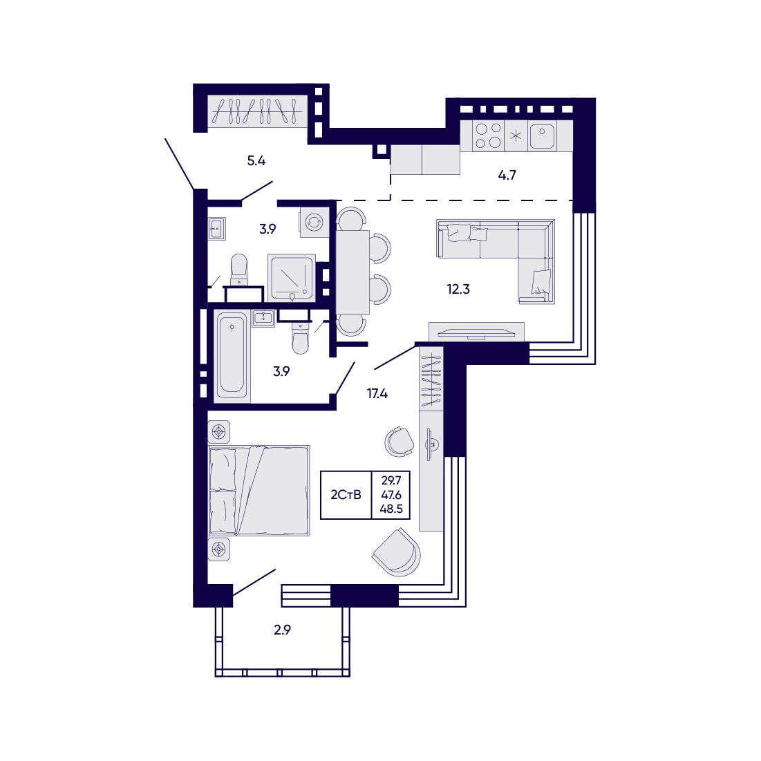 2-комнатная, 48.5 м², № 277 в Citatum (Цитатум)