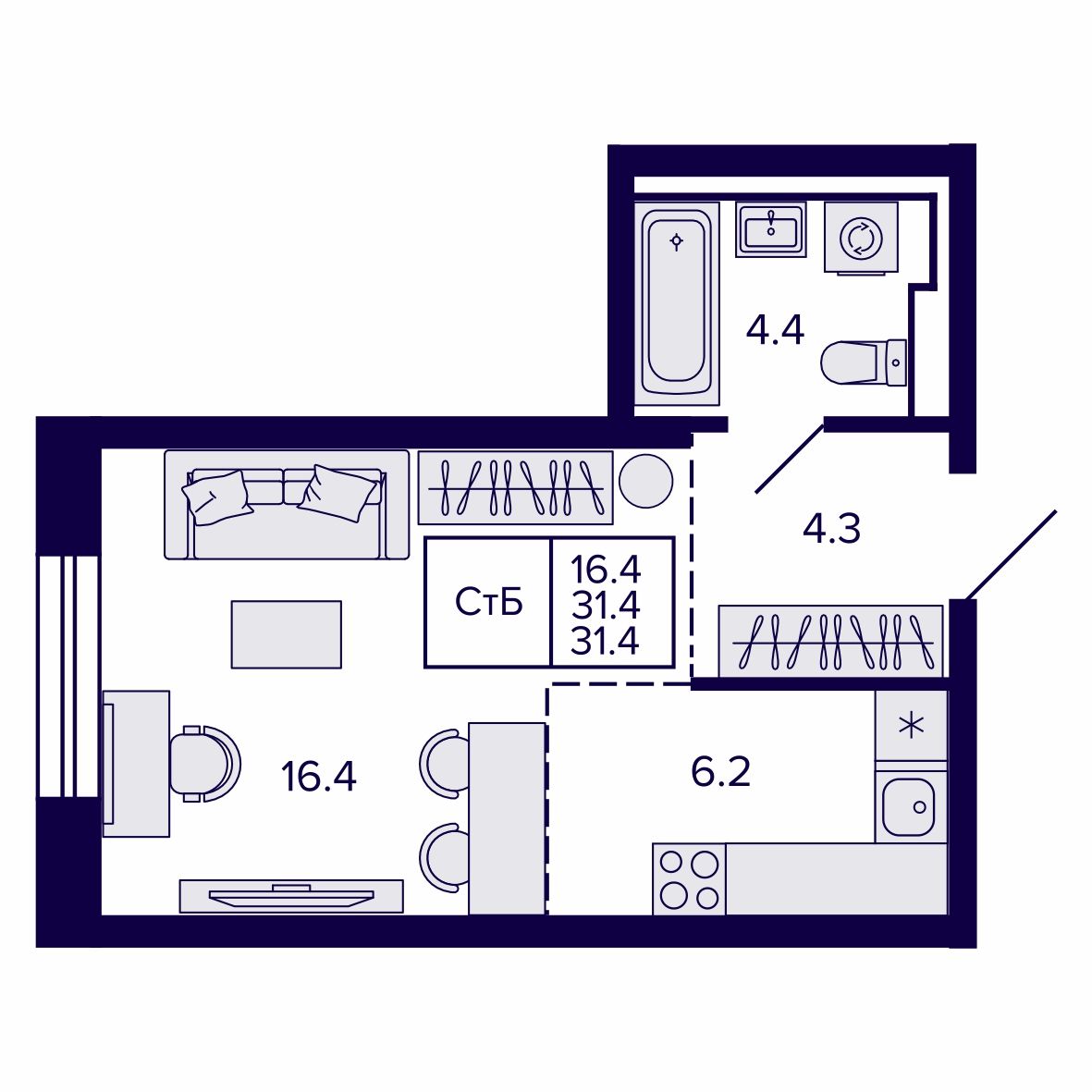 Студия, 31.36 м², № 112 в Сподвижники