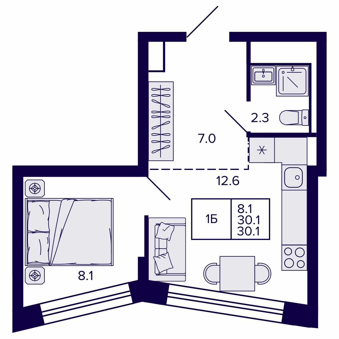 1-комнатная, 30.1 м², № 239 в Сподвижники